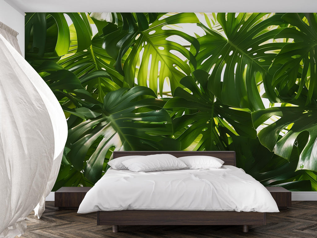 Oversized Monstera Leaf Wallpaper Mural – Bold Tropical Jungle Wall Decor for Bedroom, Living Room or Office – Modern Stylish Accen