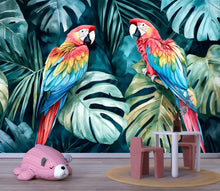 Load image into Gallery viewer, Tropical Parrot Jungle Wallpaper – Bold Colorful 3D Wall Mural Exotic Macaw Bird Nursery Kids Room Living Room Stylish Wall Décor Holiday