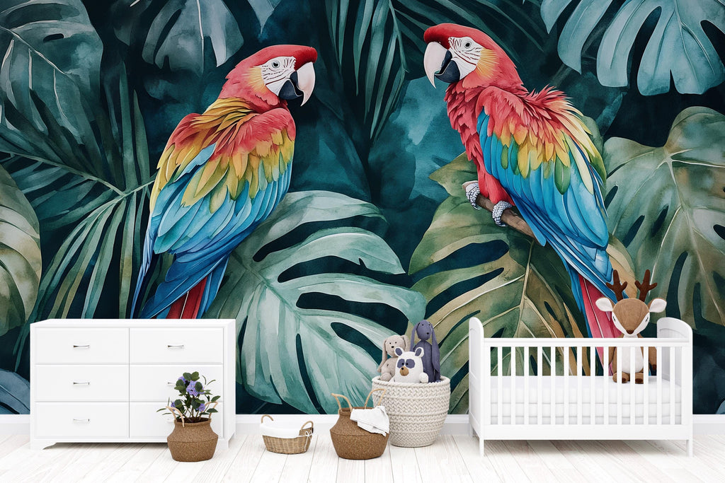 Tropical Parrot Jungle Wallpaper – Bold Colorful 3D Wall Mural Exotic Macaw Bird Nursery Kids Room Living Room Stylish Wall Décor Holiday