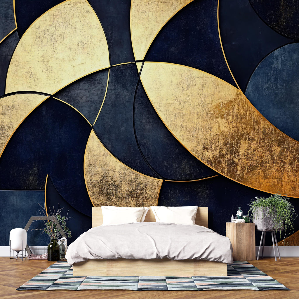 Luxury Navy Gold Abstract Wallpaper – Modern Bold 3D Wall Mural Stylish Geometric Wall Décor for Living Room Bedroom Office Holiday