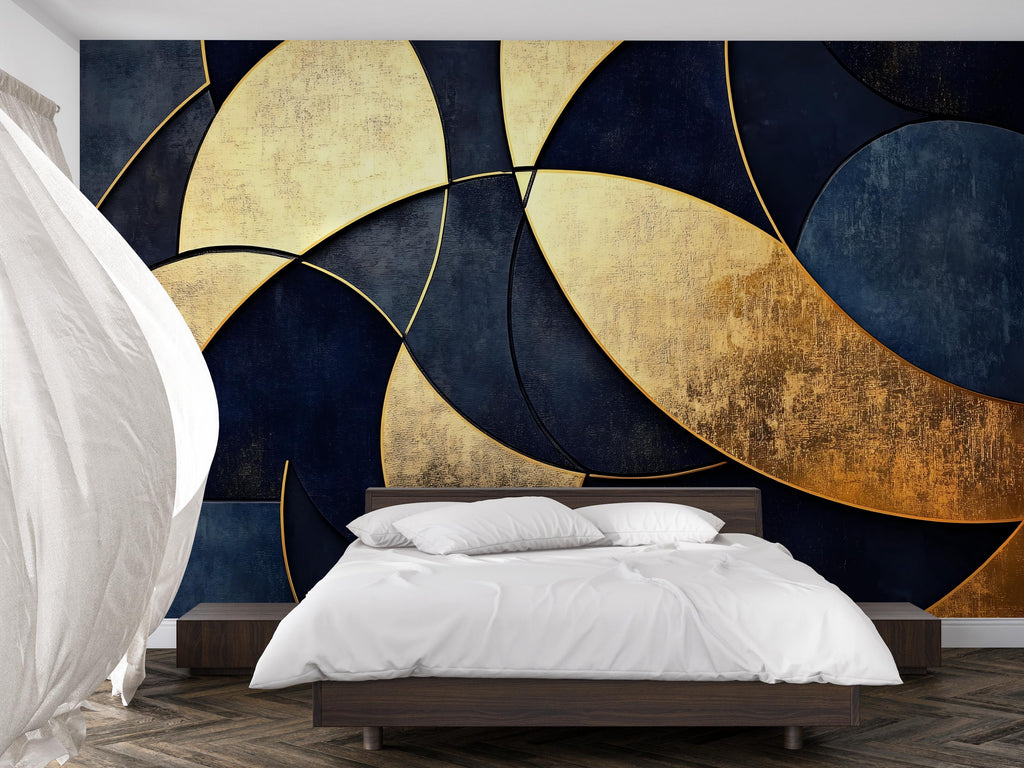 Luxury Navy Gold Abstract Wallpaper – Modern Bold 3D Wall Mural Stylish Geometric Wall Décor for Living Room Bedroom Office Holiday