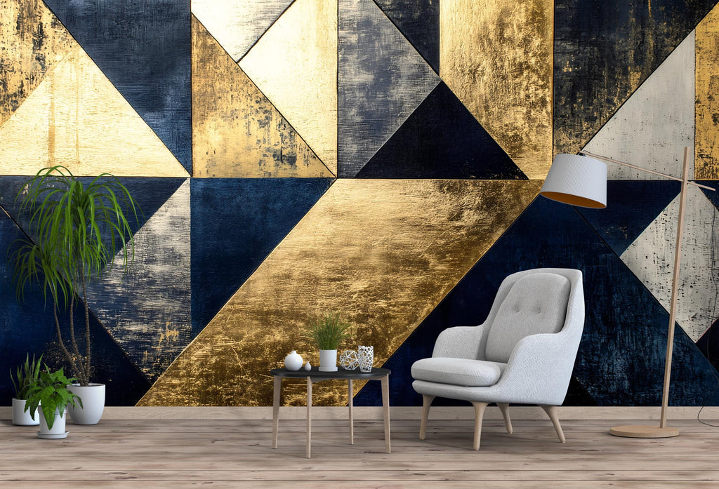 Navy Gold Geometric Wallpaper – Luxury Bold 3D Wall Mural Stylish Triangle Abstract Wall Décor for Living Room Bedroom Office Holiday