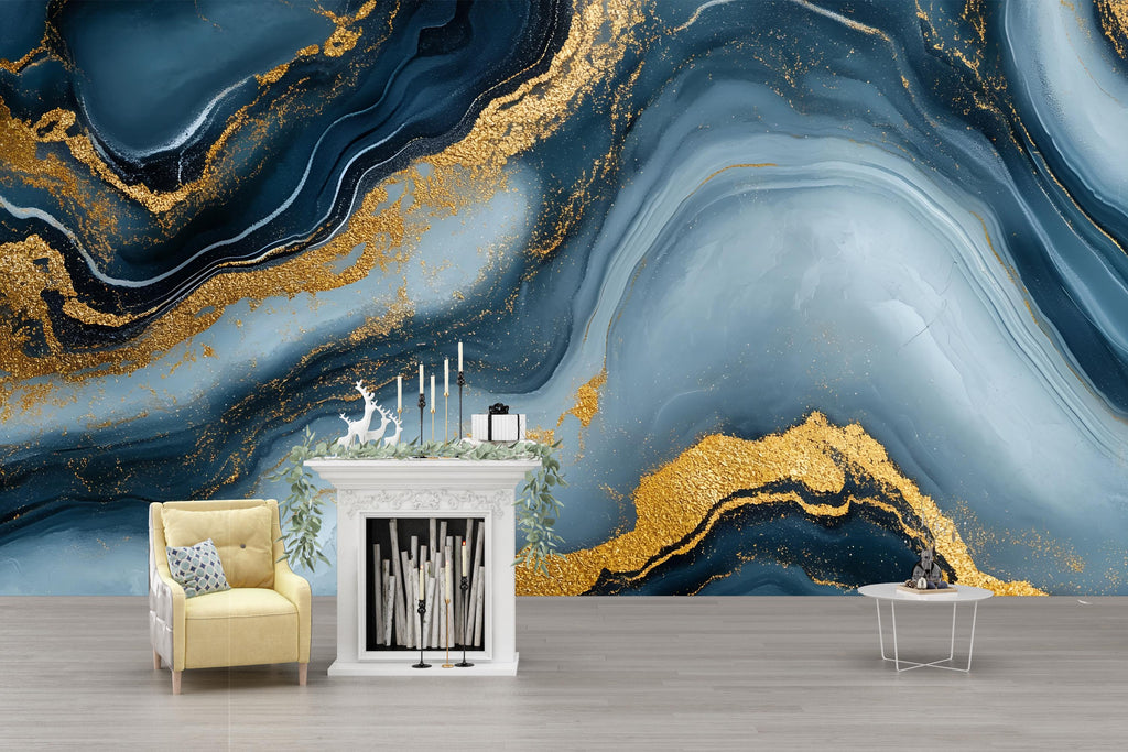 Blue Gold Marble Wallpaper – Luxury Abstract Swirl Wall Mural Modern 3D Stylish Wall Décor for Living Room Bedroom Office Holiday Gift