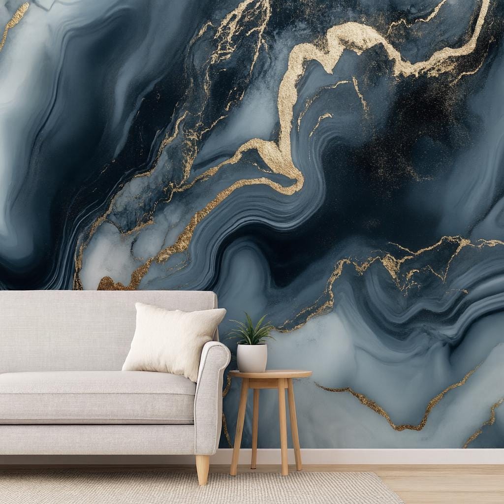 Blue Gold Marble Swirl Wallpaper – Luxury Abstract 3D Wall Mural Stylish Modern Bold Wall Décor for Bedroom Living Room Office Holiday Gift