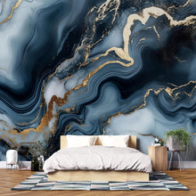 Load image into Gallery viewer, Blue Gold Marble Swirl Wallpaper – Luxury Abstract 3D Wall Mural Stylish Modern Bold Wall Décor for Bedroom Living Room Office Holiday Gift