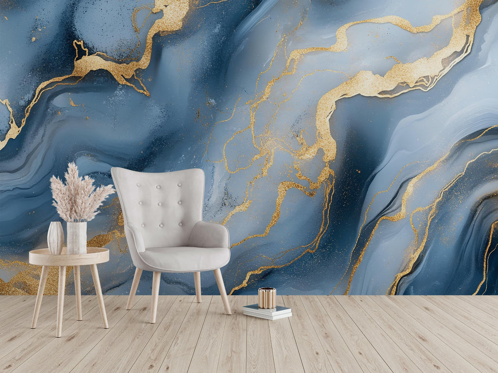 Blue Gold Marble Wallpaper – Elegant Luxury Abstract 3D Wall Mural Stylish Modern Bold Wall Décor for Living Room Bedroom Office Holiday