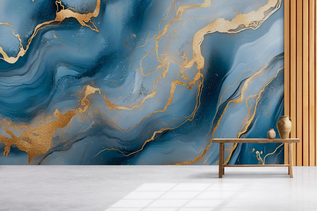 Blue Gold Marble Wallpaper – Elegant Luxury Abstract 3D Wall Mural Stylish Modern Bold Wall Décor for Living Room Bedroom Office Holiday