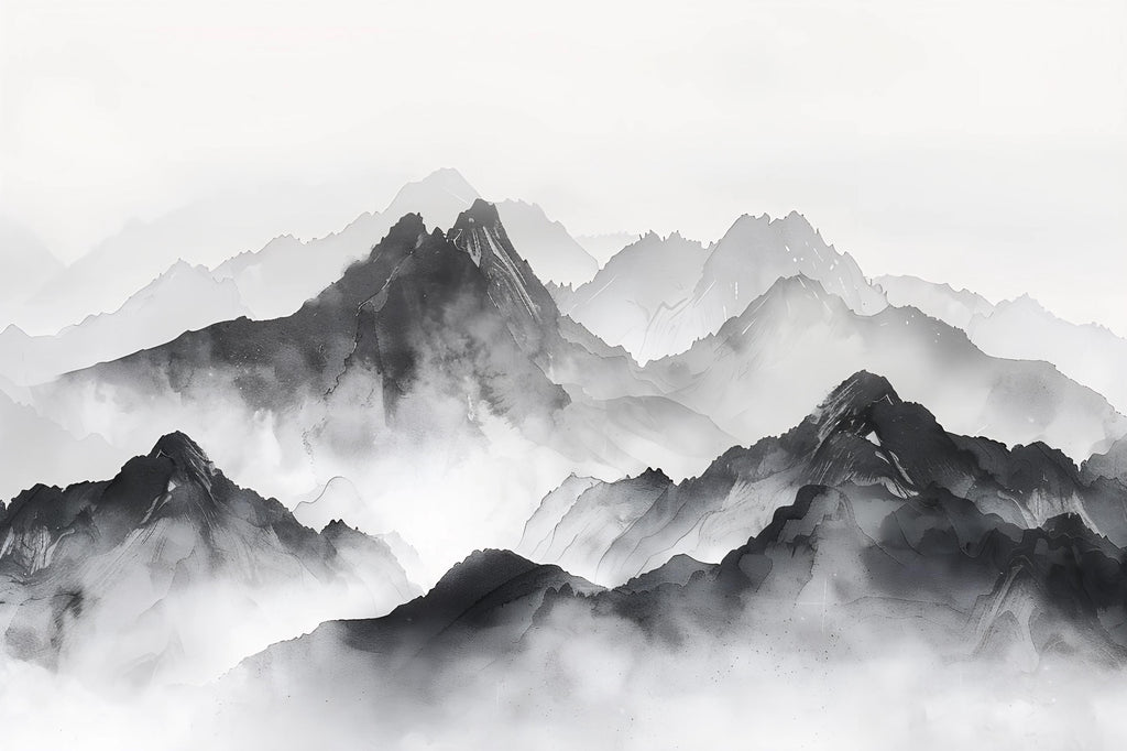 Black and White Mountain Wallpaper Mural – Watercolor Misty Landscape Wall Decor for Kids Room, Bedroom or Office – Modern Bold Accent