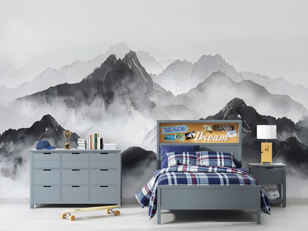Black and White Mountain Wallpaper Mural – Watercolor Misty Landscape Wall Decor for Kids Room, Bedroom or Office – Modern Bold Accent