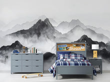 Load image into Gallery viewer, Black and White Mountain Wallpaper Mural – Watercolor Misty Landscape Wall Decor for Kids Room, Bedroom or Office – Modern Bold Accent