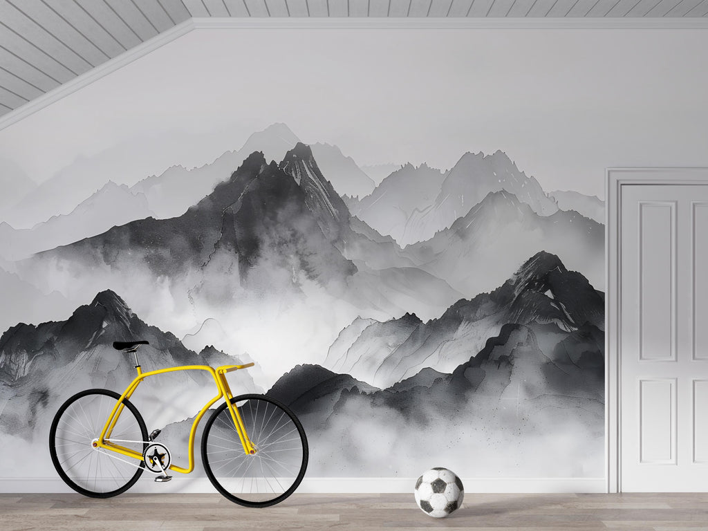 Black and White Mountain Wallpaper Mural – Watercolor Misty Landscape Wall Decor for Kids Room, Bedroom or Office – Modern Bold Accent