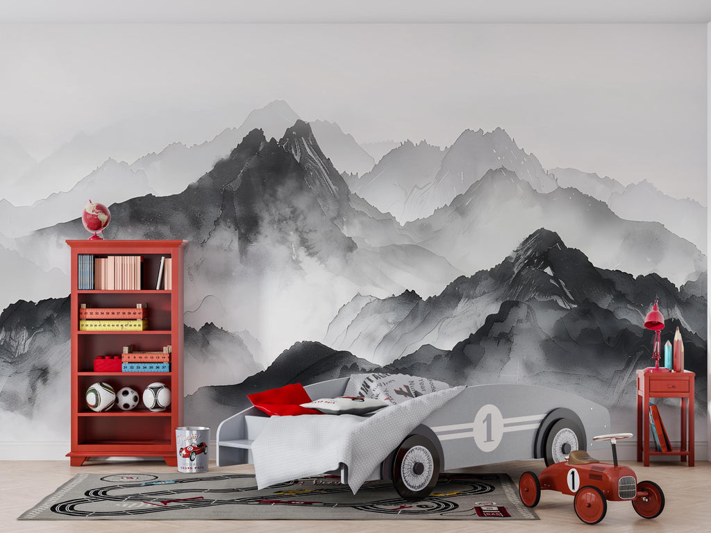 Black and White Mountain Wallpaper Mural – Watercolor Misty Landscape Wall Decor for Kids Room, Bedroom or Office – Modern Bold Accent