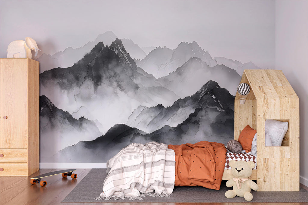 Black and White Mountain Wallpaper Mural – Watercolor Misty Landscape Wall Decor for Kids Room, Bedroom or Office – Modern Bold Accent