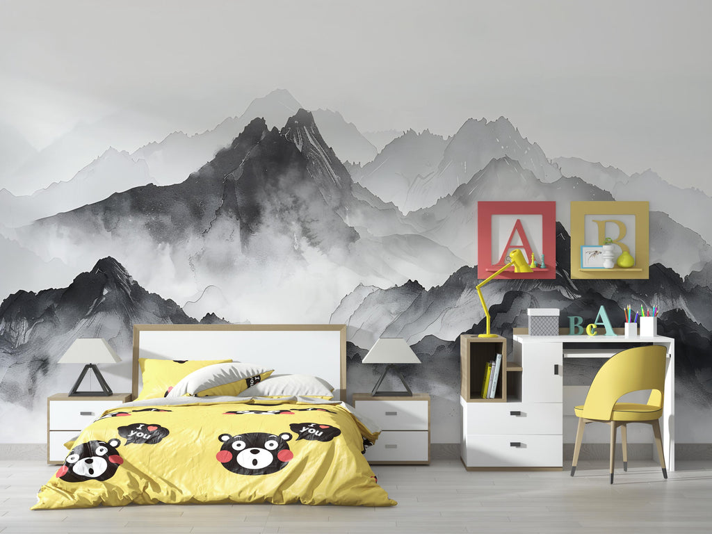 Black and White Mountain Wallpaper Mural – Watercolor Misty Landscape Wall Decor for Kids Room, Bedroom or Office – Modern Bold Accent
