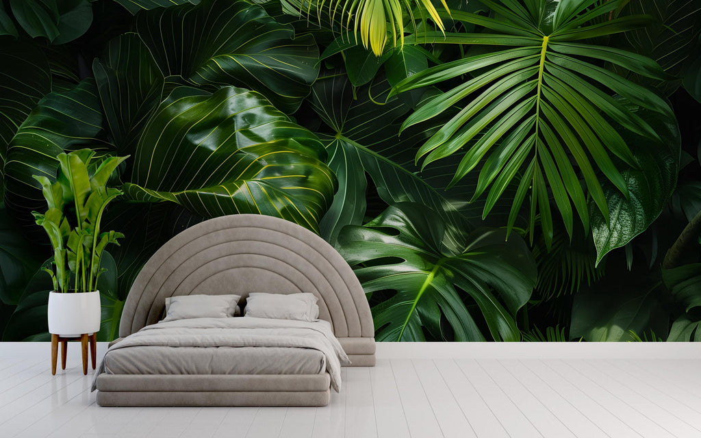 Tropical Palm Leaf Wallpaper Mural – Bold Green Jungle Monstera Wall Decor for Bedroom, Living Room or Office – Modern Stylish Accent