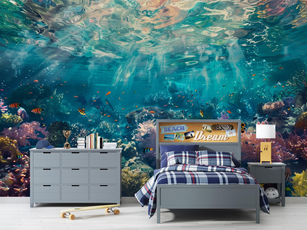 Ocean Underwater Wallpaper Mural – Coral Reef Fish Wall Decor for Kids Room, Bedroom or Living Room – Modern Bold Accent Removable Stylish