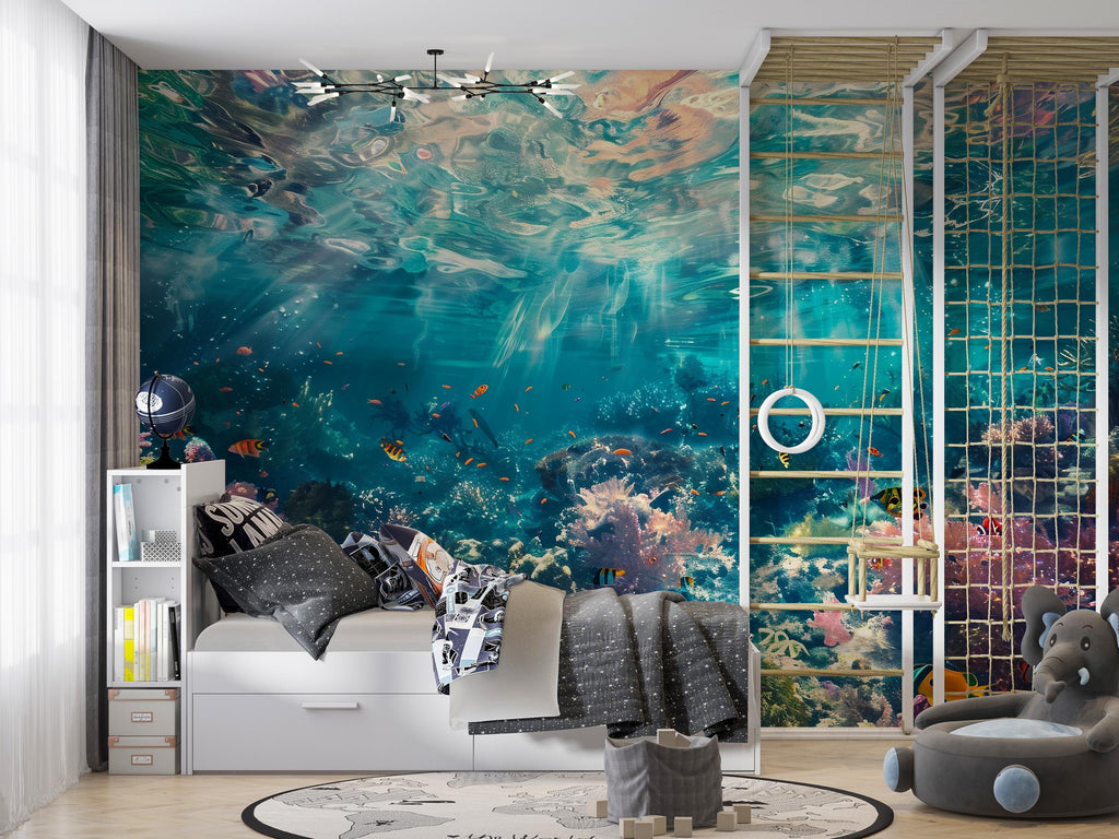 Ocean Underwater Wallpaper Mural – Coral Reef Fish Wall Decor for Kids Room, Bedroom or Living Room – Modern Bold Accent Removable Stylish