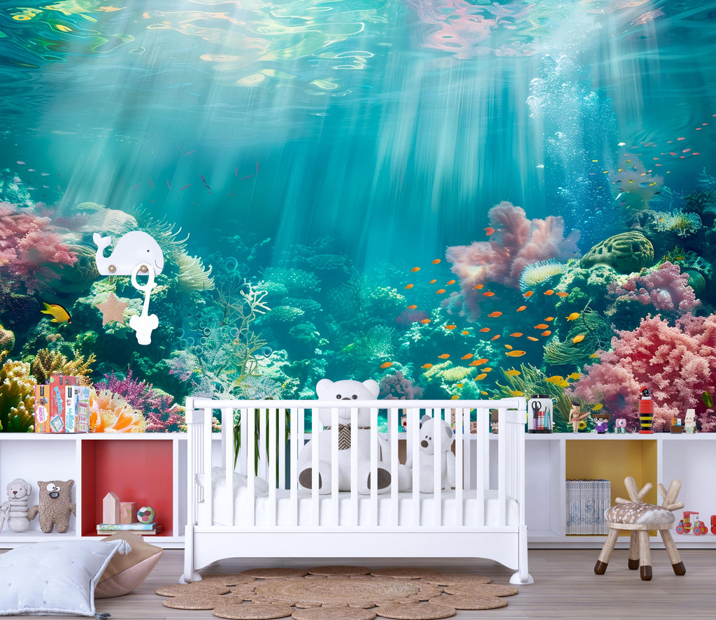 Underwater Ocean Wallpaper Mural – Coral Reef Fish Wall Decor for Kids Room, Nursery or Living Room – Modern Bold Accent Wall Removable