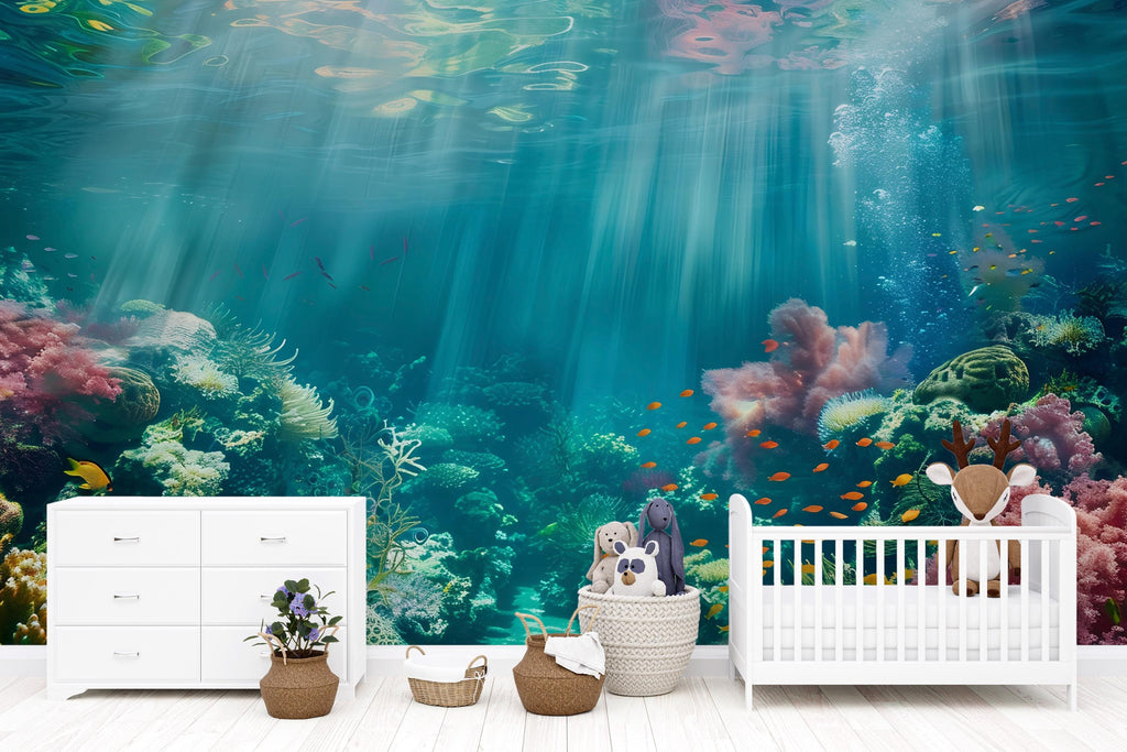 Underwater Ocean Wallpaper Mural – Coral Reef Fish Wall Decor for Kids Room, Nursery or Living Room – Modern Bold Accent Wall Removable