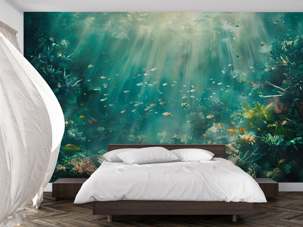 Underwater Ocean Wallpaper Mural – Deep Sea Coral Reef Fish Wall Decor for Bedroom, Kids Room or Living Room – Modern Bold Accent
