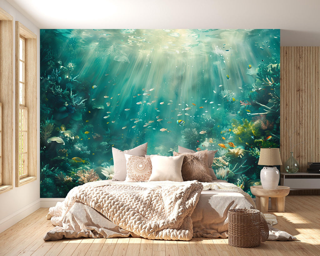 Underwater Ocean Wallpaper Mural – Deep Sea Coral Reef Fish Wall Decor for Bedroom, Kids Room or Living Room – Modern Bold Accent