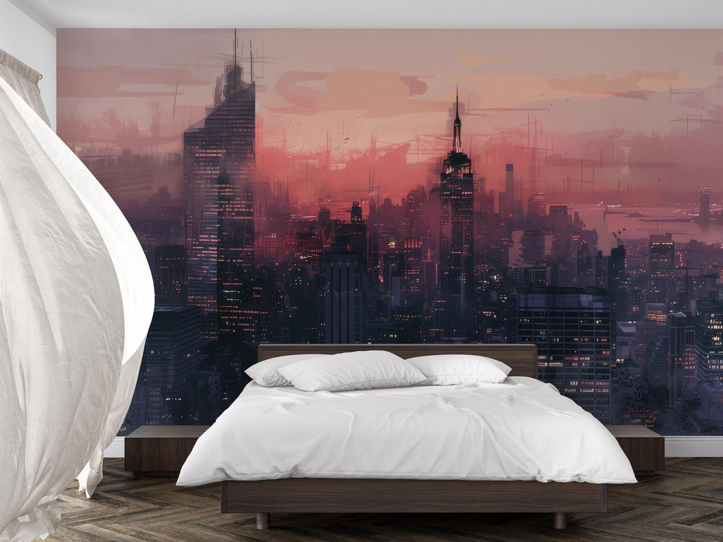 City Skyline Wallpaper Mural – Futuristic Sunset Urban Wall Decor for Bedroom, Living Room or Office – Modern Bold Accent Wall Removable