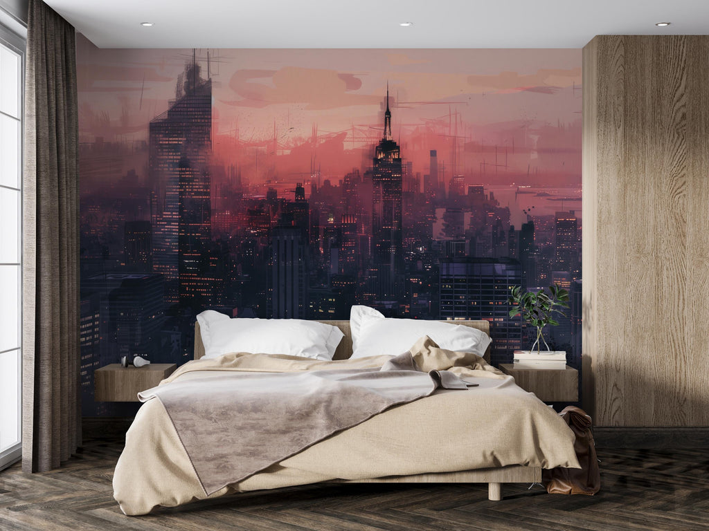 City Skyline Wallpaper Mural – Futuristic Sunset Urban Wall Decor for Bedroom, Living Room or Office – Modern Bold Accent Wall Removable