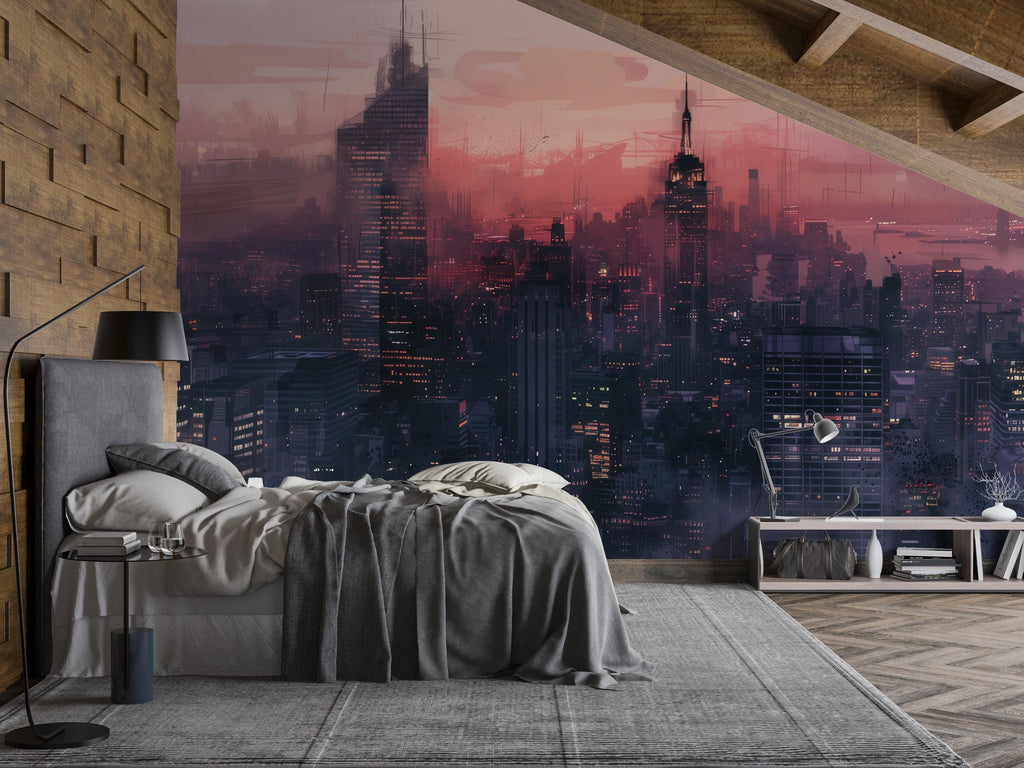 City Skyline Wallpaper Mural – Futuristic Sunset Urban Wall Decor for Bedroom, Living Room or Office – Modern Bold Accent Wall Removable