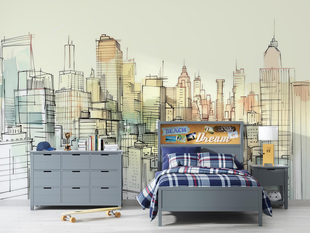 Sketch City Skyline Wallpaper Mural – Hand Drawn Urban Wall Decor for Kids Room, Bedroom or Office – Modern Bold Accent Removable Stylish