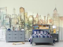 Load image into Gallery viewer, Sketch City Skyline Wallpaper Mural – Hand Drawn Urban Wall Decor for Kids Room, Bedroom or Office – Modern Bold Accent Removable Stylish
