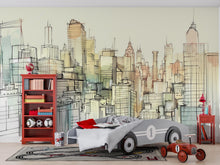 Load image into Gallery viewer, Sketch City Skyline Wallpaper Mural – Hand Drawn Urban Wall Decor for Kids Room, Bedroom or Office – Modern Bold Accent Removable Stylish