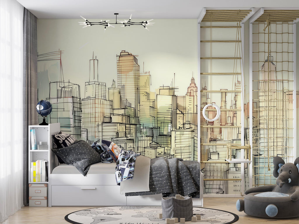 Sketch City Skyline Wallpaper Mural – Hand Drawn Urban Wall Decor for Kids Room, Bedroom or Office – Modern Bold Accent Removable Stylish