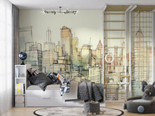 Load image into Gallery viewer, Sketch City Skyline Wallpaper Mural – Hand Drawn Urban Wall Decor for Kids Room, Bedroom or Office – Modern Bold Accent Removable Stylish