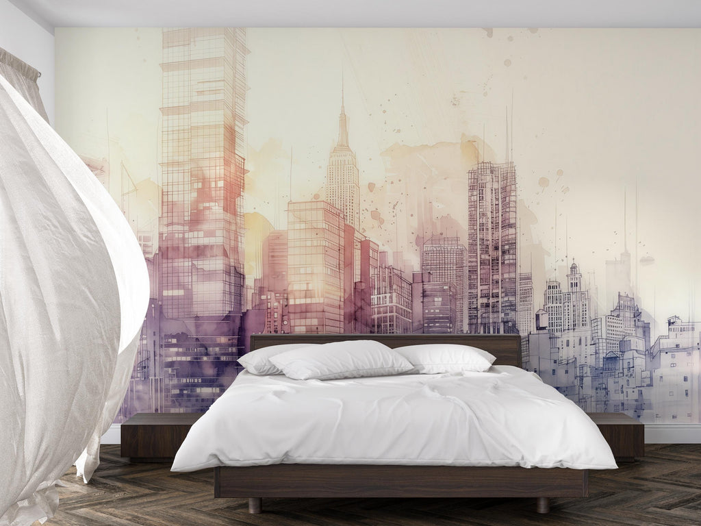 Watercolor City Skyline Wallpaper Mural – Urban Skyline Wall Decor for Bedroom, Living Room or Office – Modern Bold Accent Removable Stylish