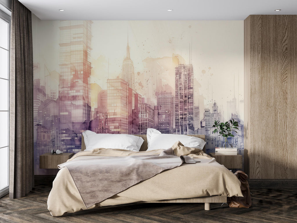 Watercolor City Skyline Wallpaper Mural – Urban Skyline Wall Decor for Bedroom, Living Room or Office – Modern Bold Accent Removable Stylish