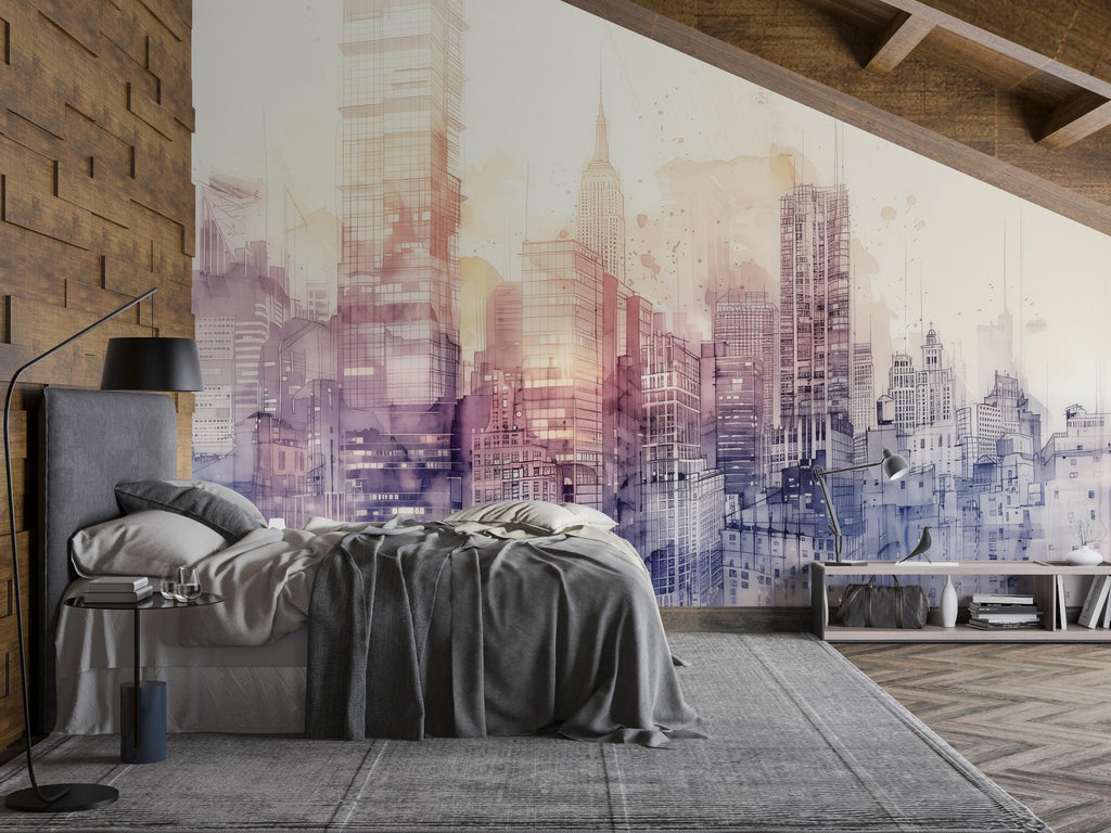 Watercolor City Skyline Wallpaper Mural – Urban Skyline Wall Decor for Bedroom, Living Room or Office – Modern Bold Accent Removable Stylish