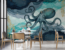 Load image into Gallery viewer, Octopus Fish Restaurant Watercolor Wall Mural – Octopus wall decor Oceal wall decal, Restaurant wall art Kids Room or Nursery 892RS