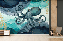 Load image into Gallery viewer, Octopus Fish Restaurant Watercolor Wall Mural – Octopus wall decor Oceal wall decal, Restaurant wall art Kids Room or Nursery 892RS