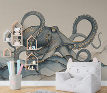 Load image into Gallery viewer, Octopus Fish Restaurant Watercolor Wall Mural – Octopus wall decor Oceal wall decal, Restaurant wall art Kids Room or Nursery 893RS