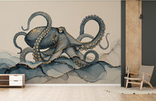Load image into Gallery viewer, Octopus Fish Restaurant Watercolor Wall Mural – Octopus wall decor Oceal wall decal, Restaurant wall art Kids Room or Nursery 893RS