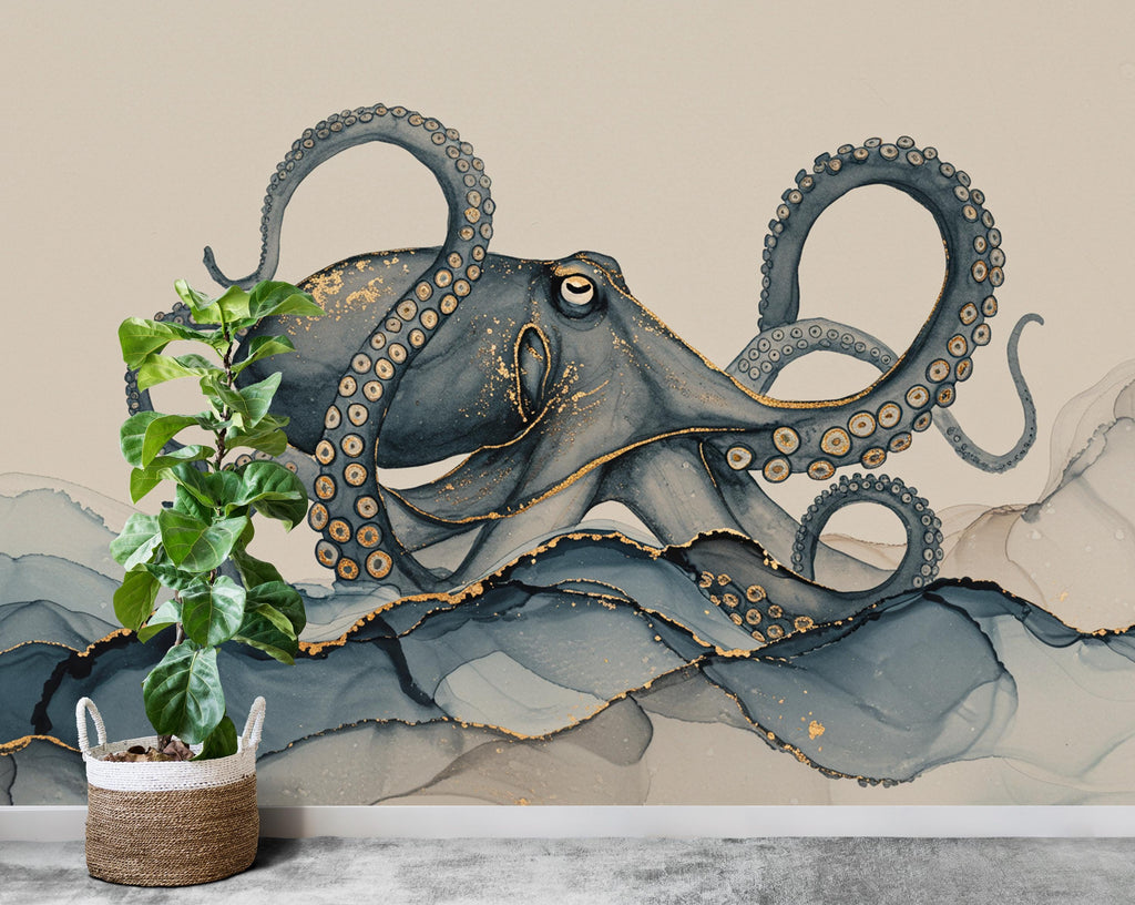 Octopus Fish Restaurant Watercolor Wall Mural – Octopus wall decor Oceal wall decal, Restaurant wall art Kids Room or Nursery 893RS