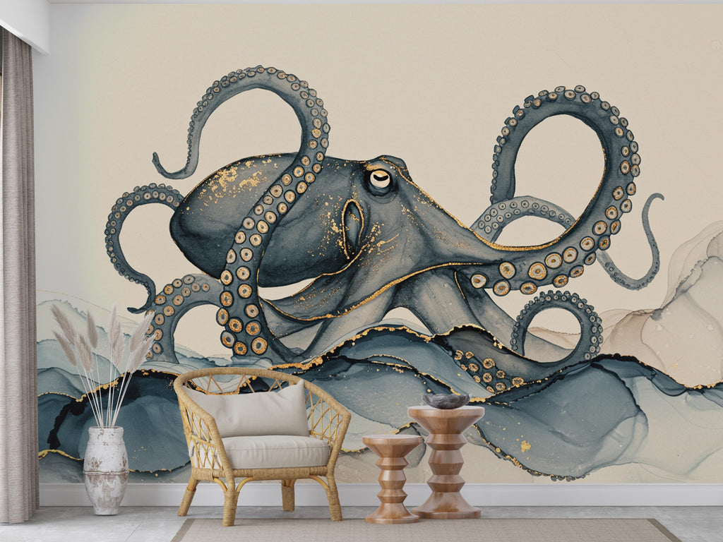 Octopus Fish Restaurant Watercolor Wall Mural – Octopus wall decor Oceal wall decal, Restaurant wall art Kids Room or Nursery 893RS