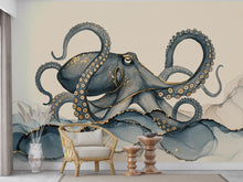 Load image into Gallery viewer, Octopus Fish Restaurant Watercolor Wall Mural – Octopus wall decor Oceal wall decal, Restaurant wall art Kids Room or Nursery 893RS