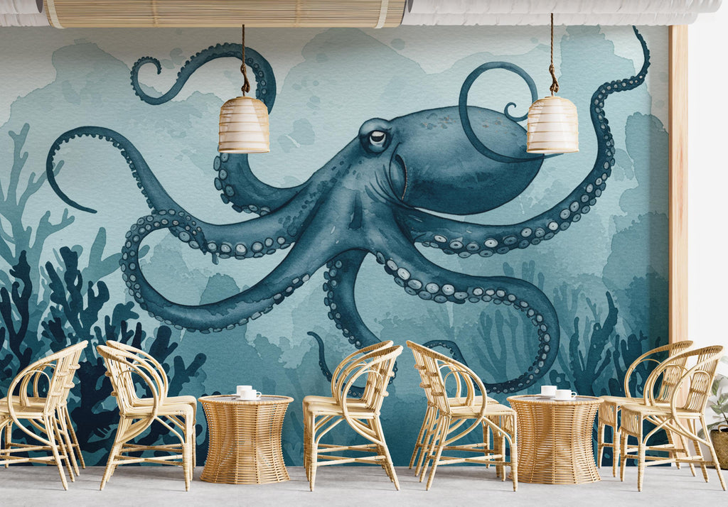 Octopus Fish Restaurant Watercolor Wall Mural – Octopus wall decor Oceal wall decal, Restaurant wall art Kids Room or Nursery 894RS