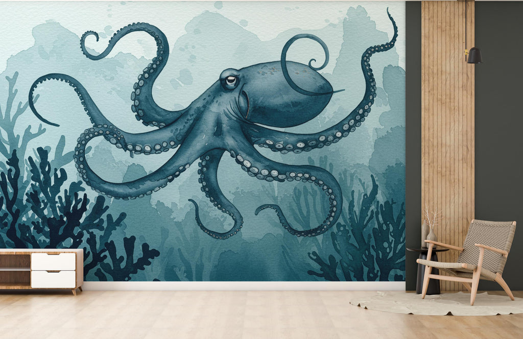Octopus Fish Restaurant Watercolor Wall Mural – Octopus wall decor Oceal wall decal, Restaurant wall art Kids Room or Nursery 894RS