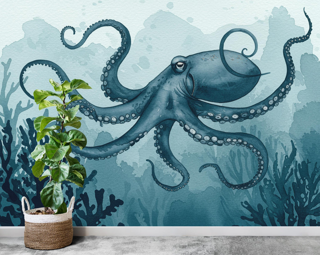 Octopus Fish Restaurant Watercolor Wall Mural – Octopus wall decor Oceal wall decal, Restaurant wall art Kids Room or Nursery 894RS
