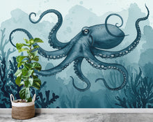 Load image into Gallery viewer, Octopus Fish Restaurant Watercolor Wall Mural – Octopus wall decor Oceal wall decal, Restaurant wall art Kids Room or Nursery 894RS