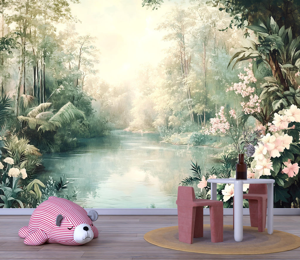 Forest River Wallpaper – Dreamy Nature Wall Mural with Flowers Jungle Landscape for Nursery Kids Room Living Room Stylish Bold 3D Wall Décor