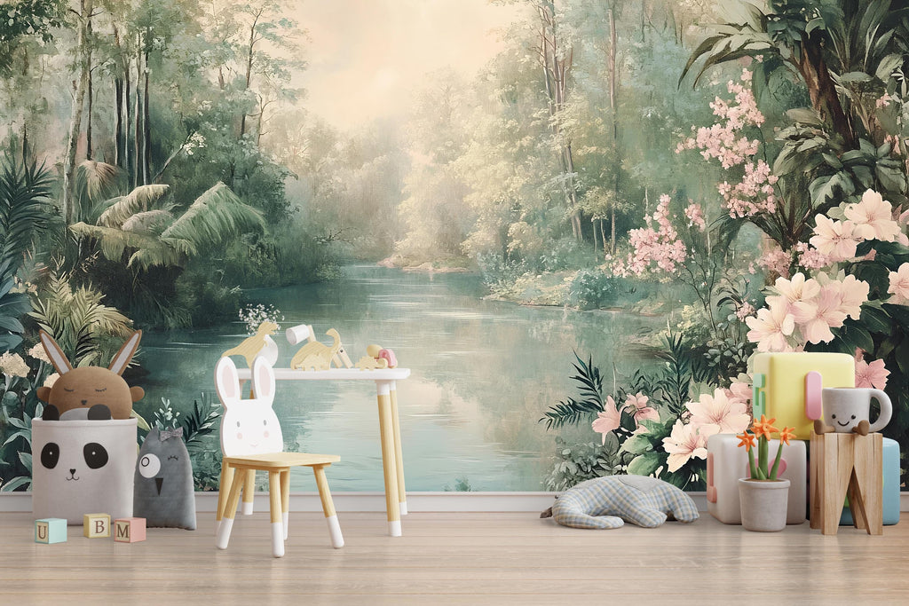 Forest River Wallpaper – Dreamy Nature Wall Mural with Flowers Jungle Landscape for Nursery Kids Room Living Room Stylish Bold 3D Wall Décor