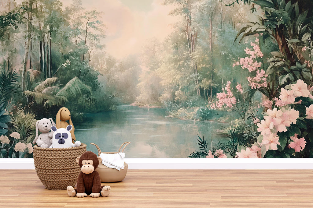 Forest River Wallpaper – Dreamy Nature Wall Mural with Flowers Jungle Landscape for Nursery Kids Room Living Room Stylish Bold 3D Wall Décor
